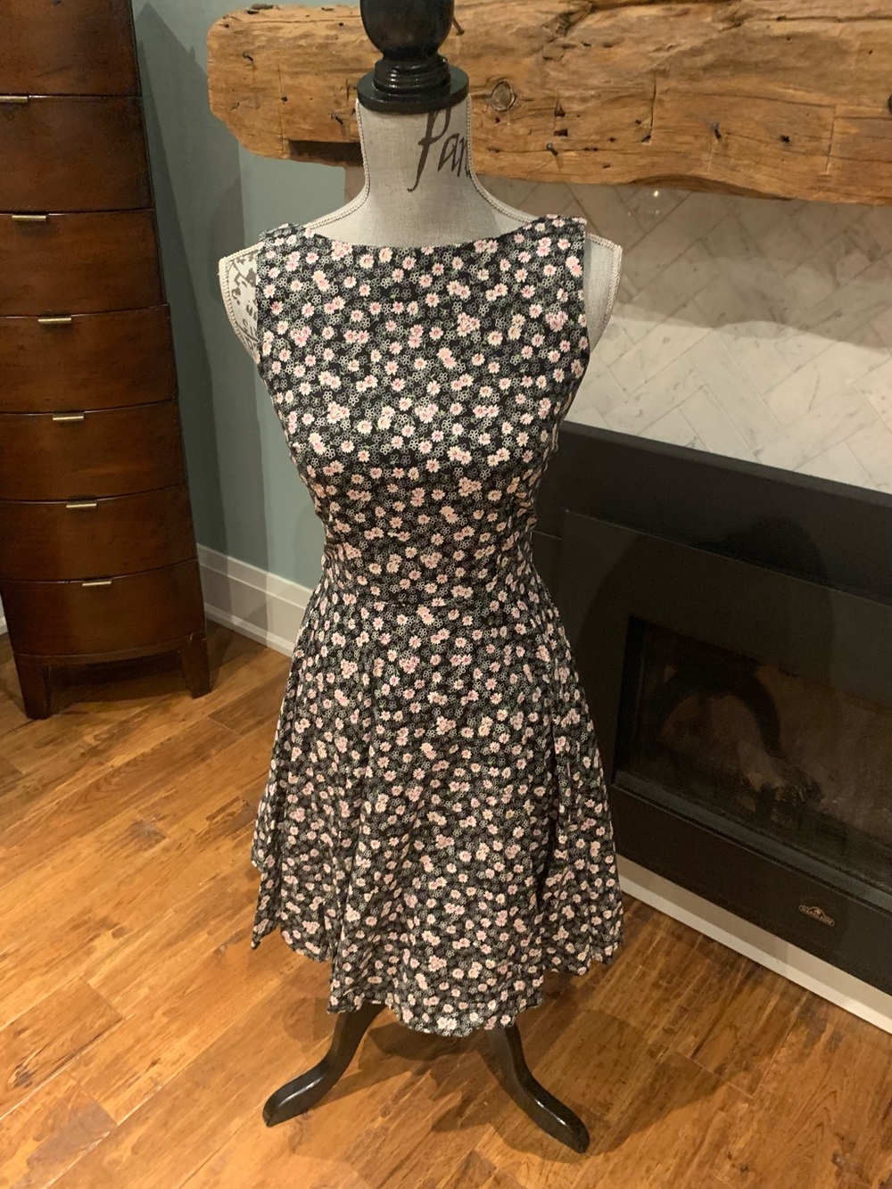 Vintage All That Jazz Black Mini Dress with Pink Floral Print